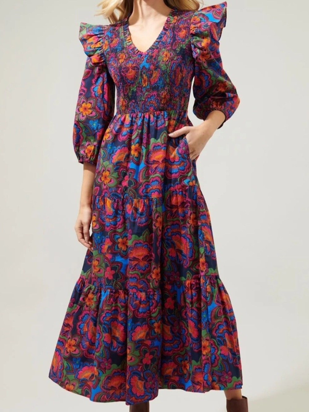 Sugarlips Multicolor Floral Maxi Dress with Smocked Bodice